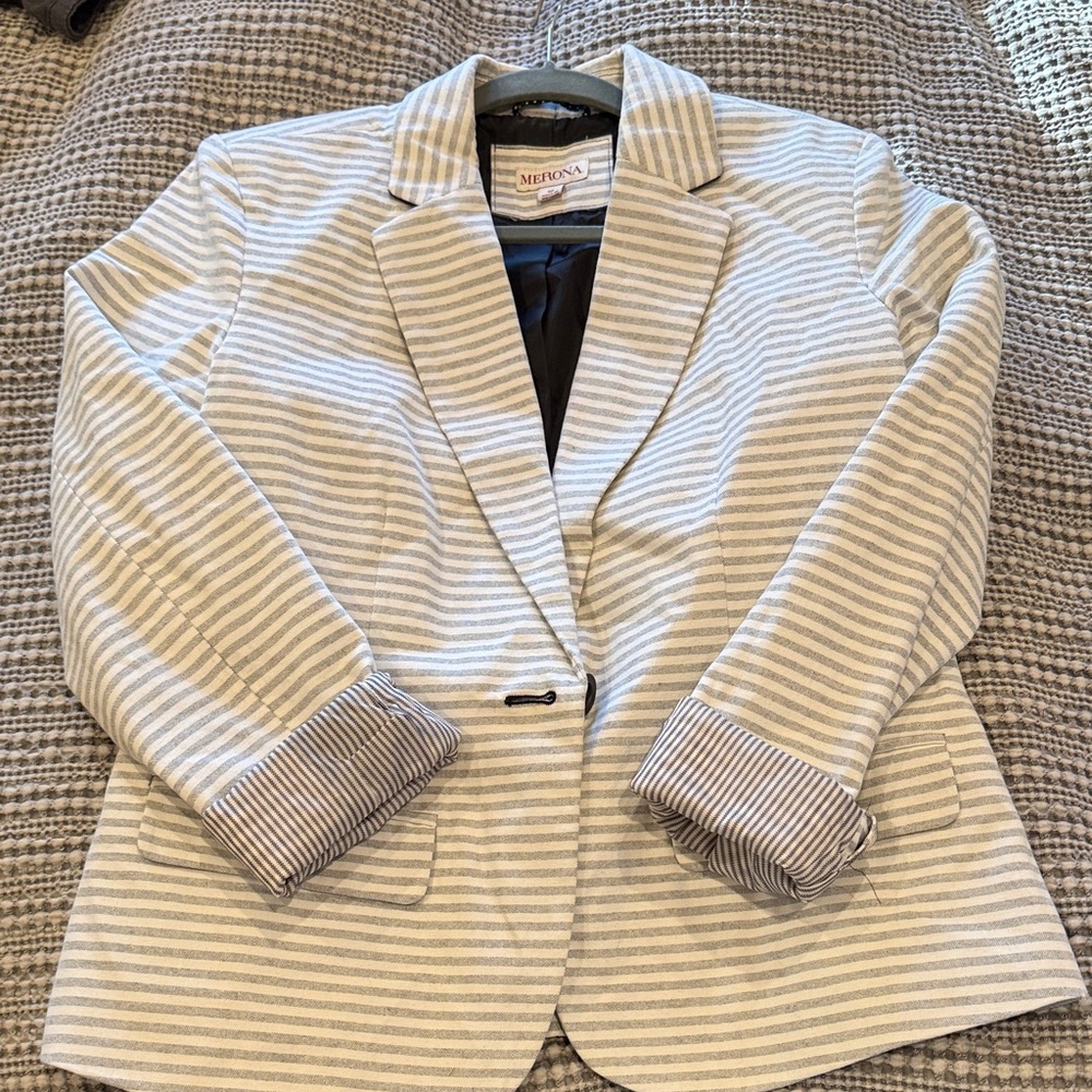 Merona Striped Cotton-Blend Blazer in Light Gray and White
